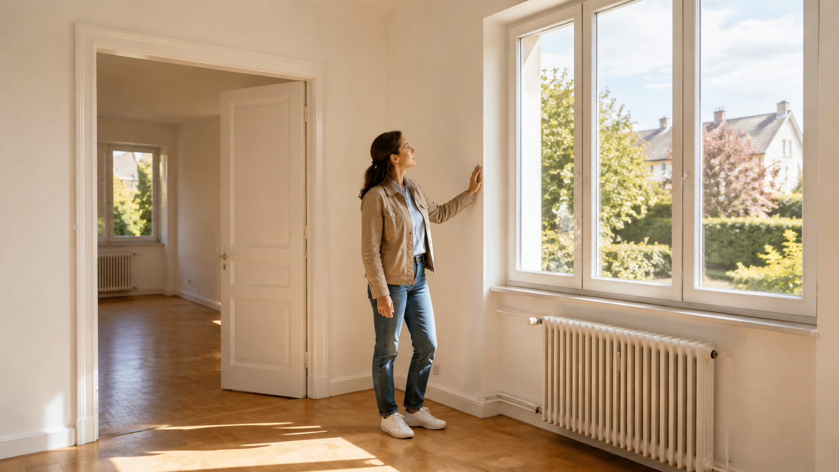 Une femme examine une fenêtre lors de la visite d’une maison vide et lumineuse.