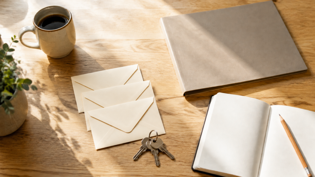 Clés de logement, enveloppes et carnet disposés sur une table en bois.