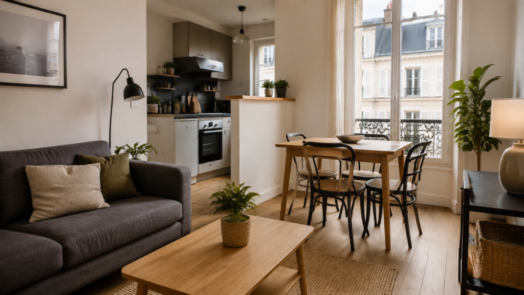 Séjour d’un petit appartement avec coin cuisine, table et grandes fenêtres.