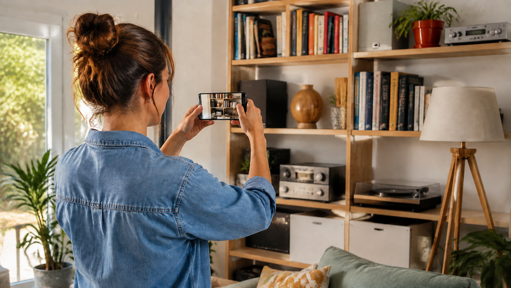 Une femme photographie les objets de son salon avec un téléphone.