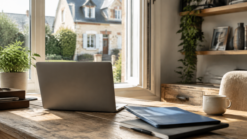 Ordinateur et dossiers sur un bureau devant une fenêtre donnant sur une maison.