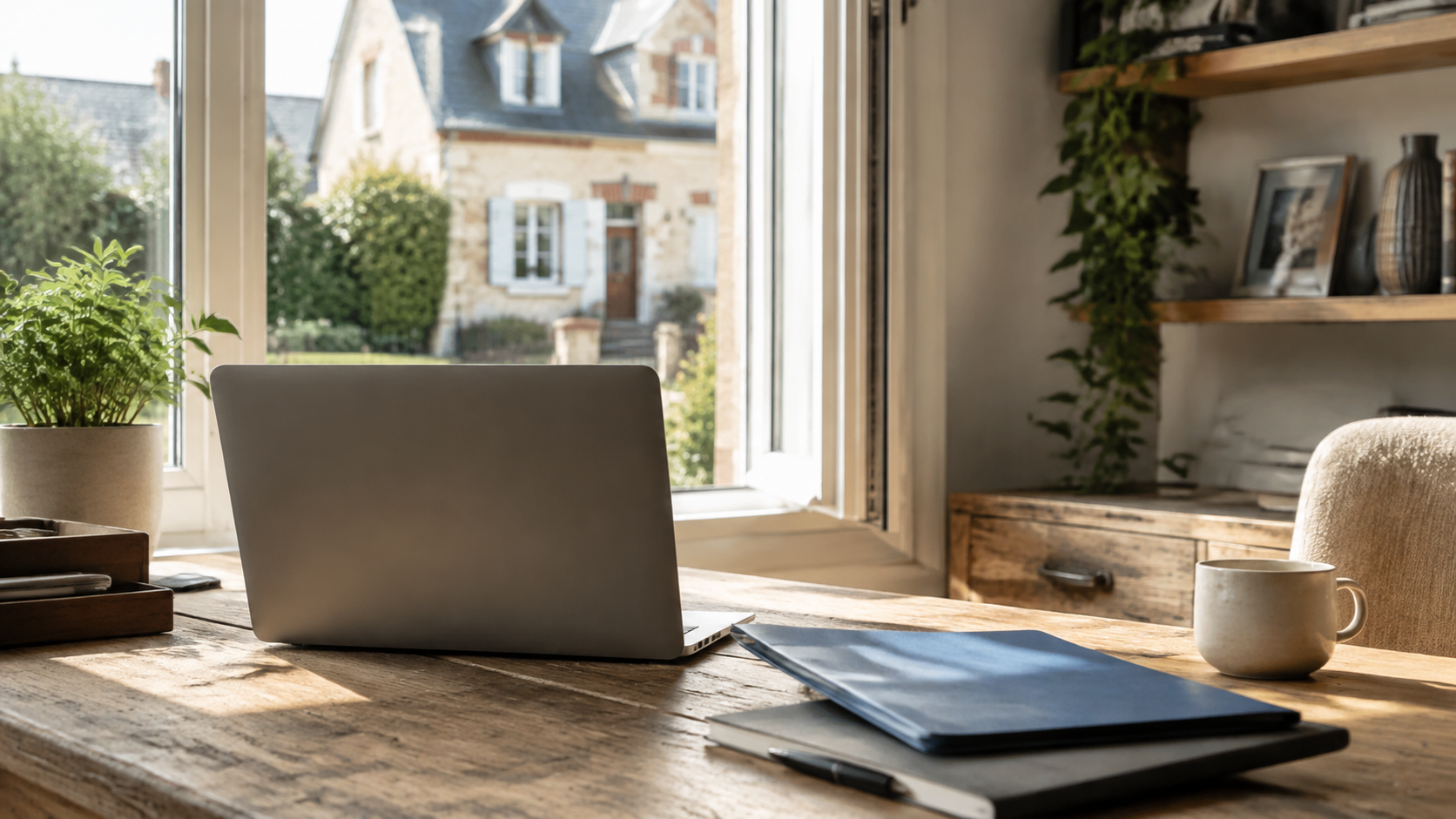 Ordinateur et dossiers sur un bureau devant une fenêtre donnant sur une maison.