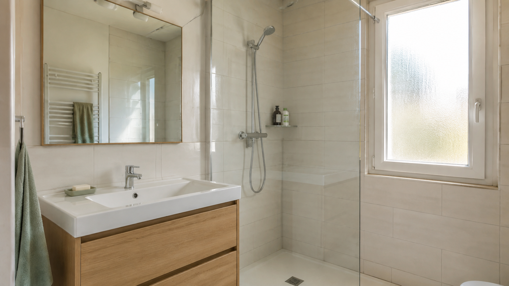 Salle de bains lumineuse avec meuble-vasque en bois, douche vitrée et carrelage clair.