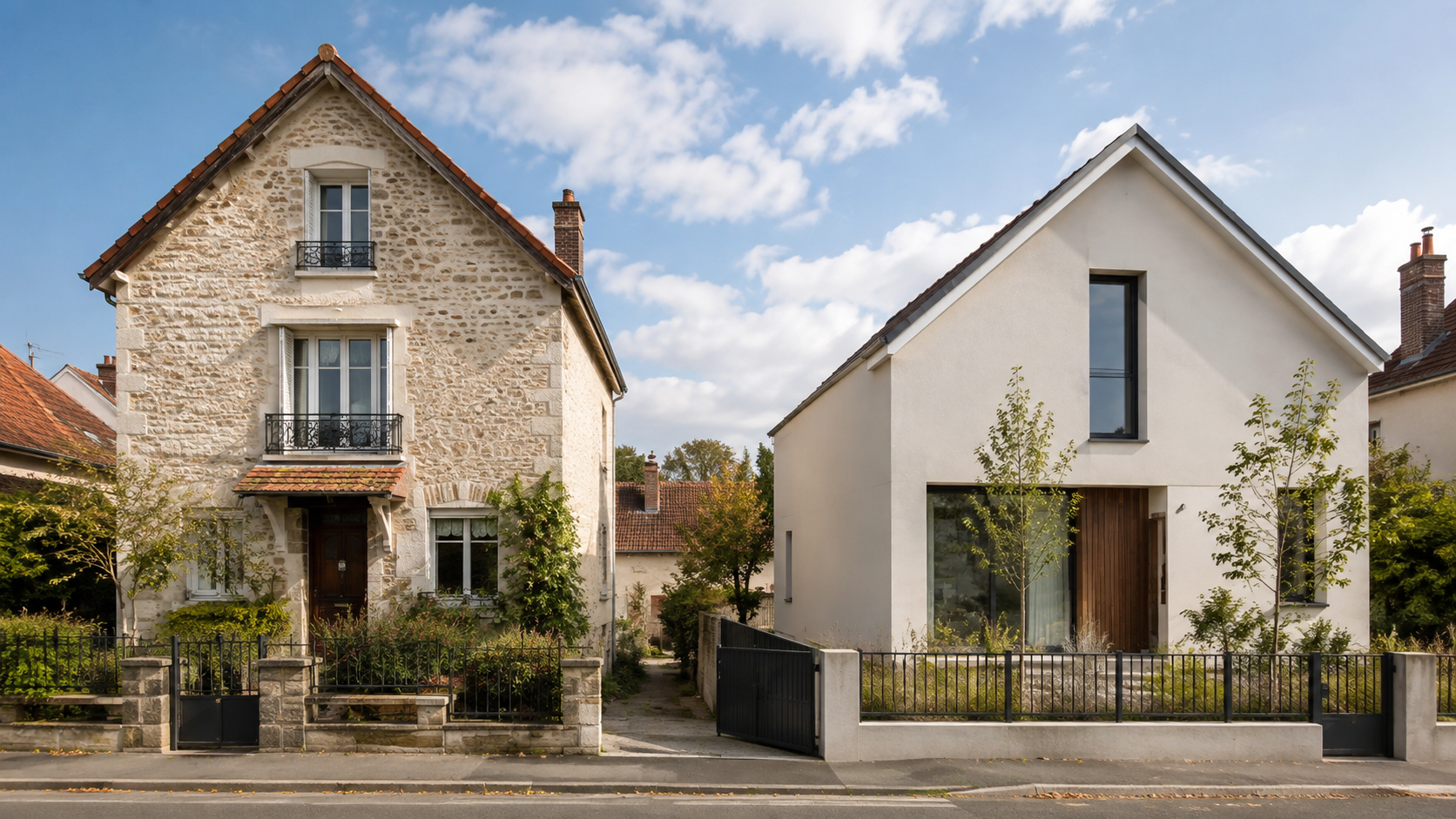 Maison ancienne en pierre et maison contemporaine dans une même rue résidentielle.