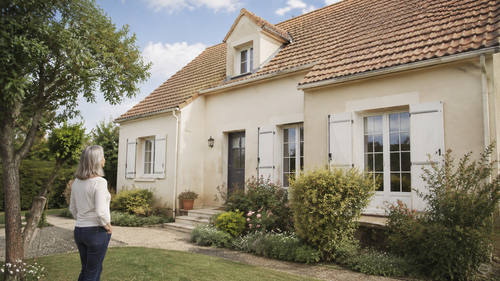 Une femme observe la façade d’une maison depuis son jardin.
