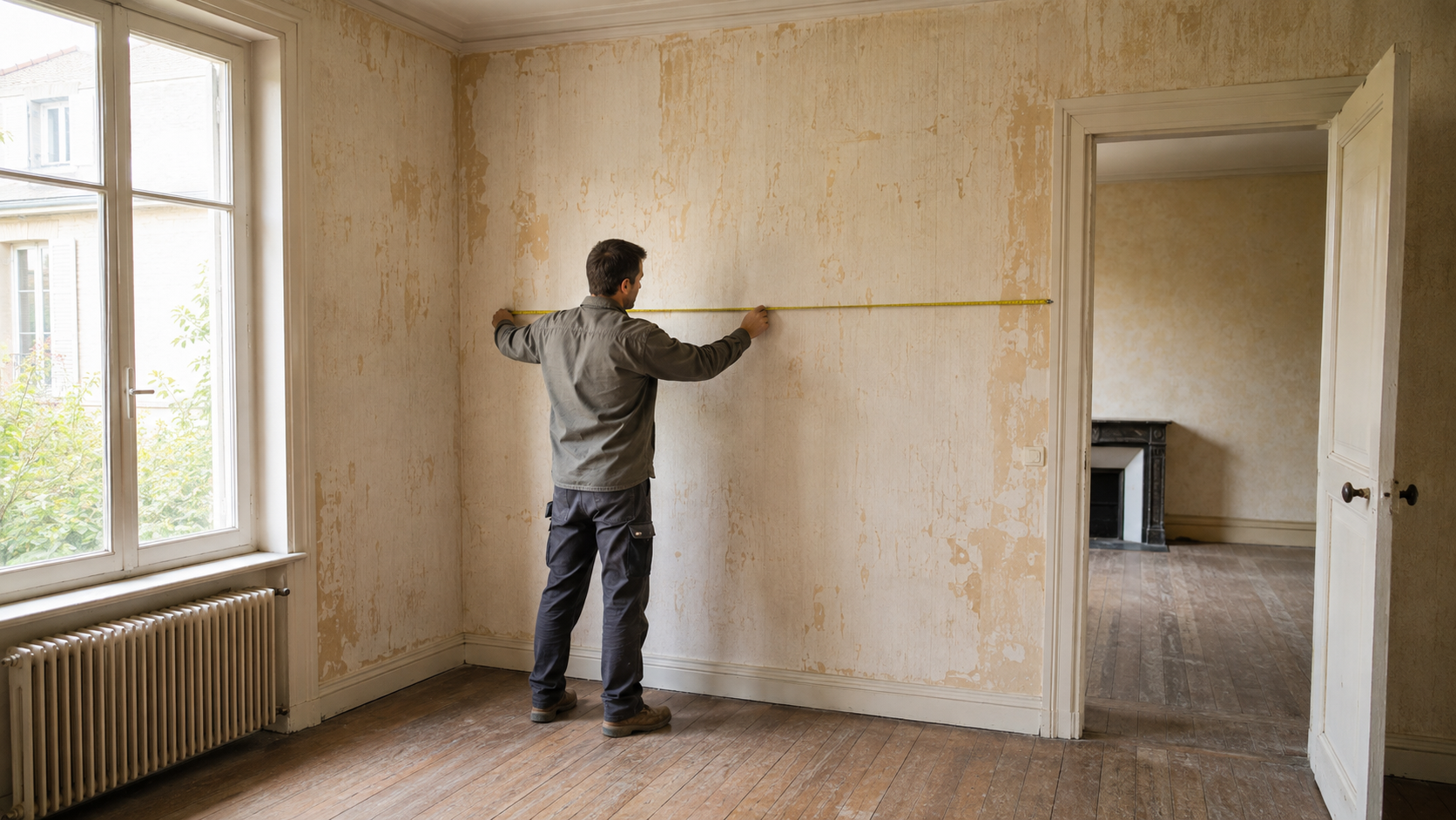 Un professionnel prend une mesure sur un mur dans une pièce à rénover.