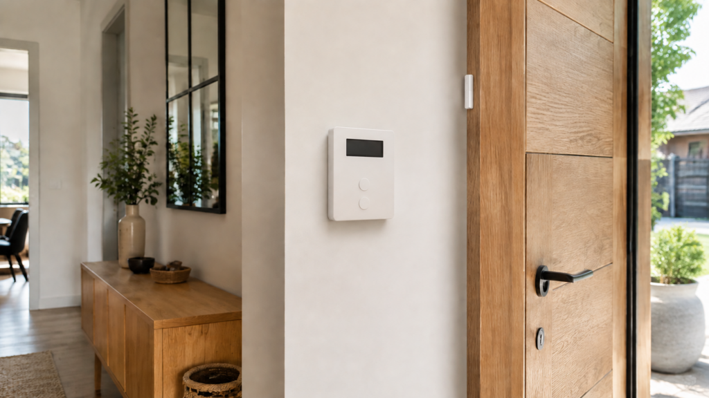 Boîtier de commande d’alarme mural près d’une porte d’entrée en bois dans une maison lumineuse.