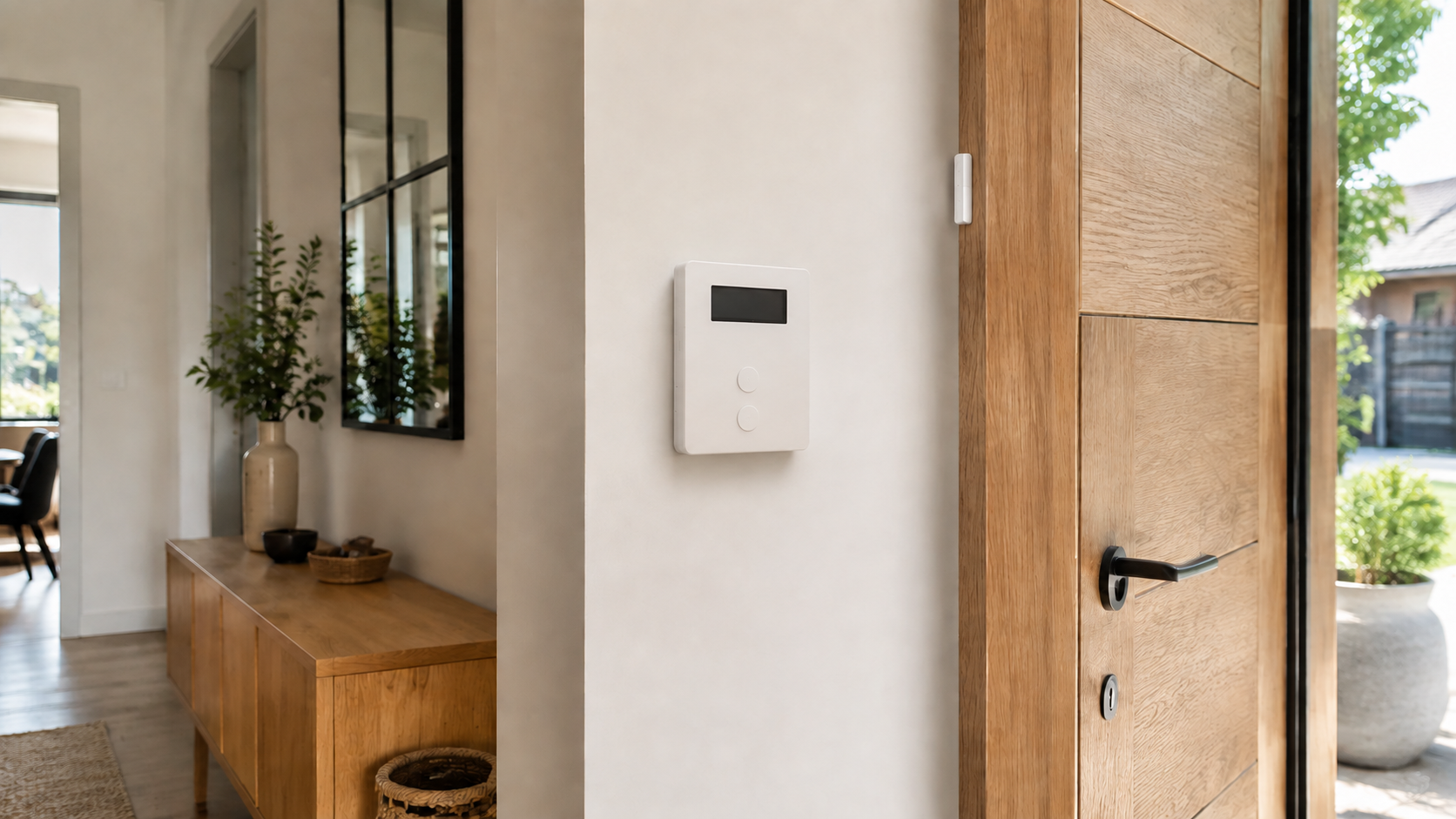 Boîtier de commande d’alarme mural près d’une porte d’entrée en bois dans une maison lumineuse.