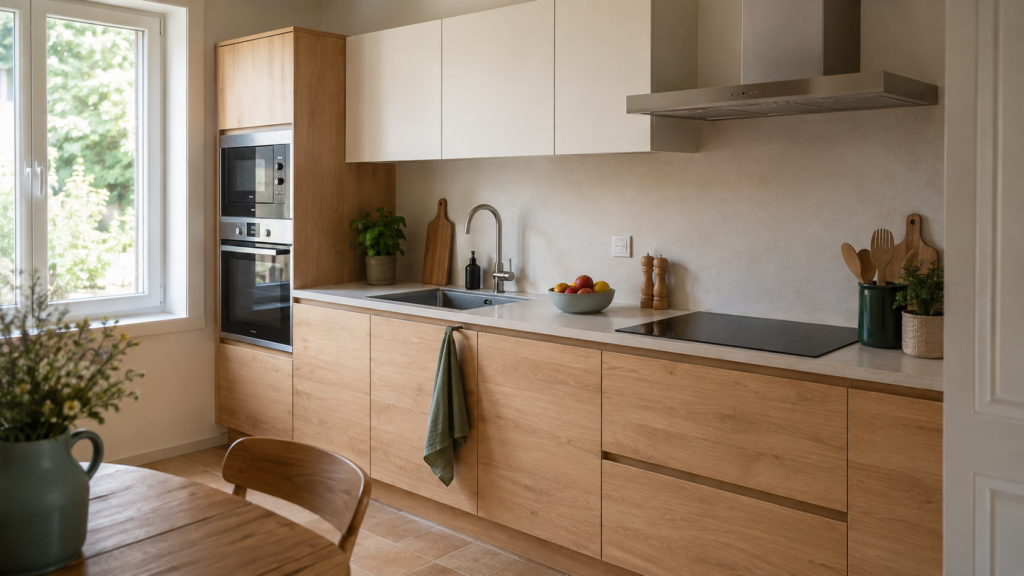 Cuisine lumineuse avec meubles en bois clair, plan de travail, évier et électroménager intégré.