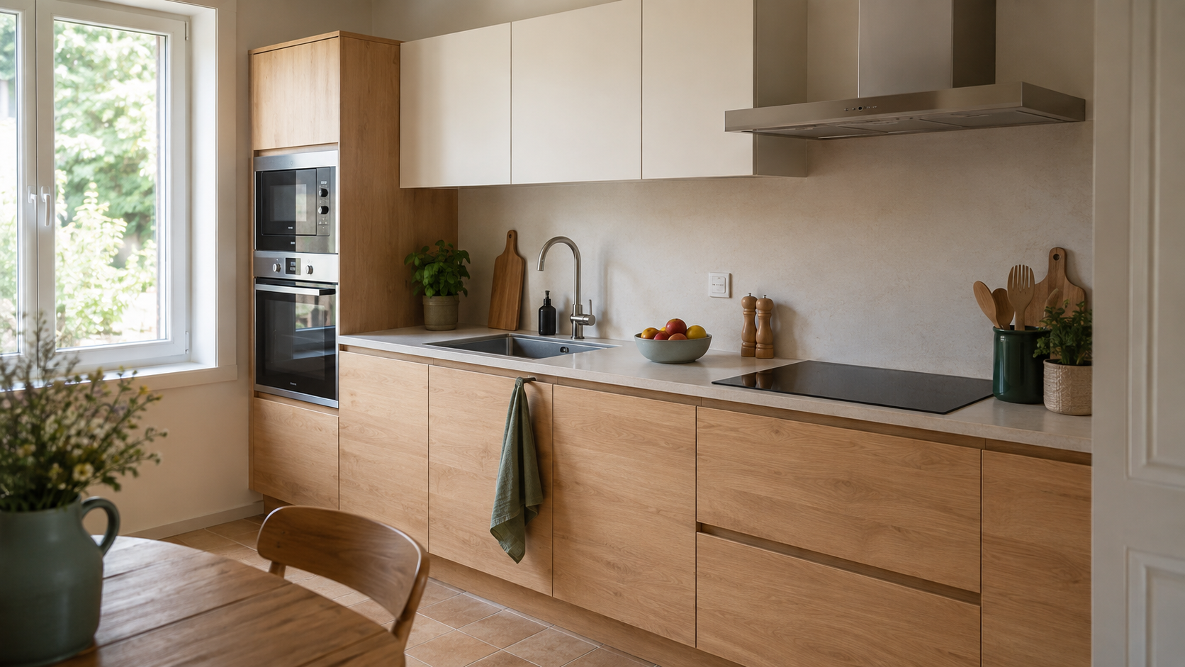 Cuisine lumineuse avec meubles en bois clair, plan de travail, évier et électroménager intégré.