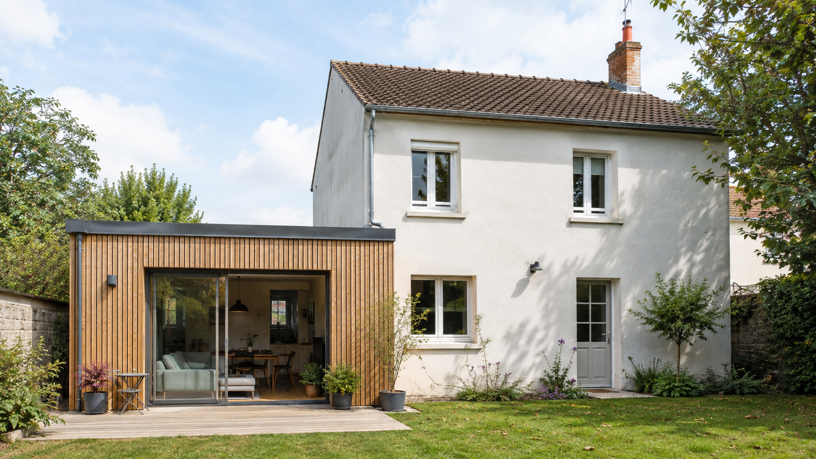Extension de plain-pied en bardage bois attenante à une maison avec jardin.