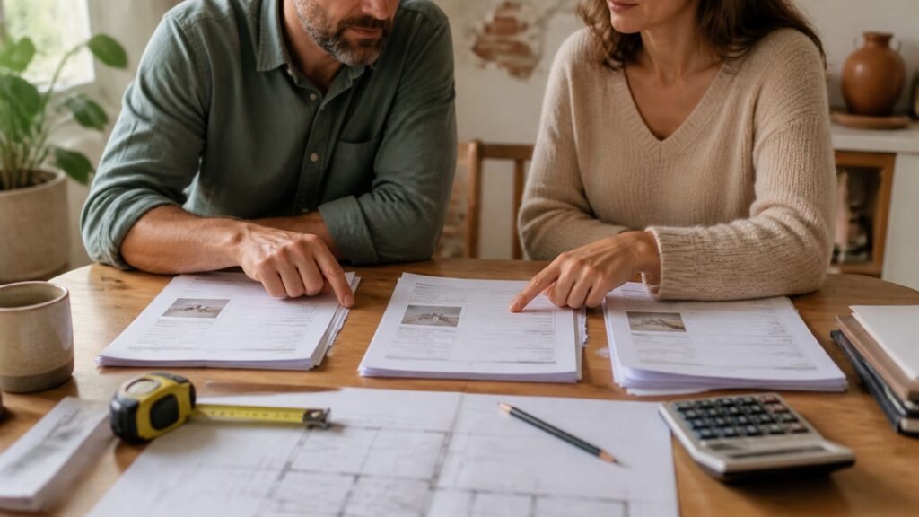 Trois devis de travaux comparés sur une table avec plans et calculatrice