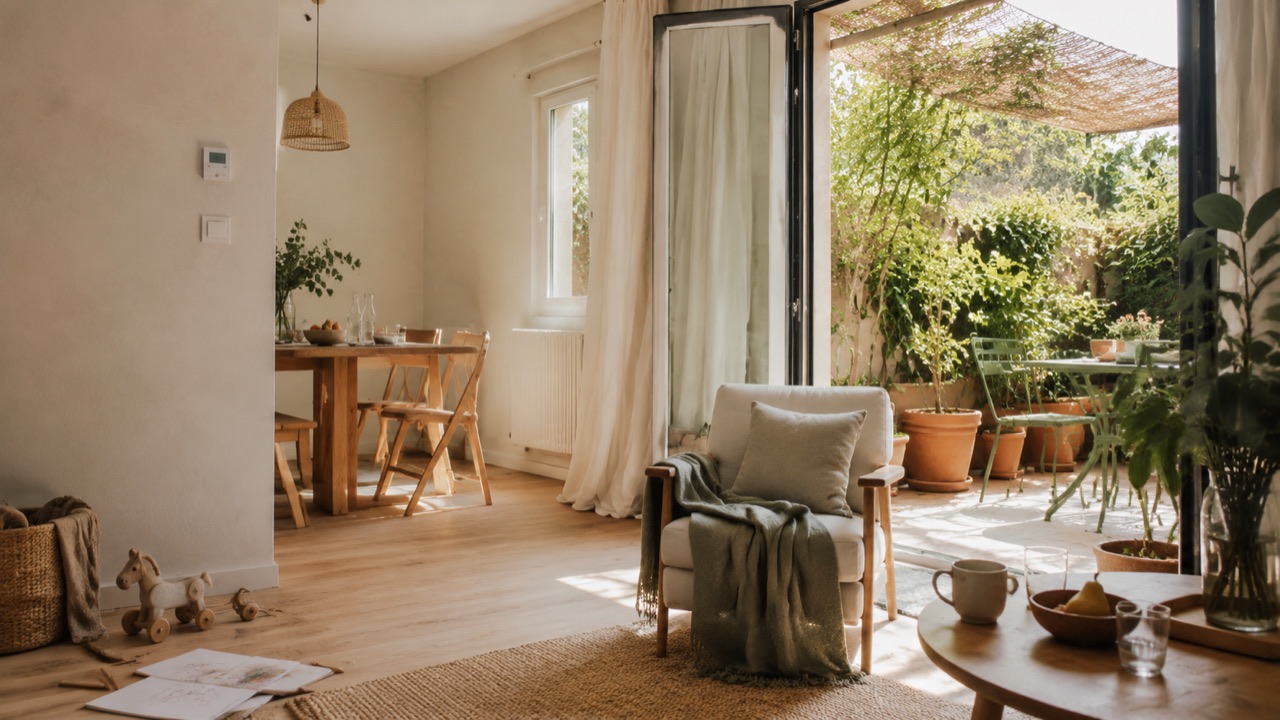 Intérieur lumineux ouvert sur une terrasse végétalisée