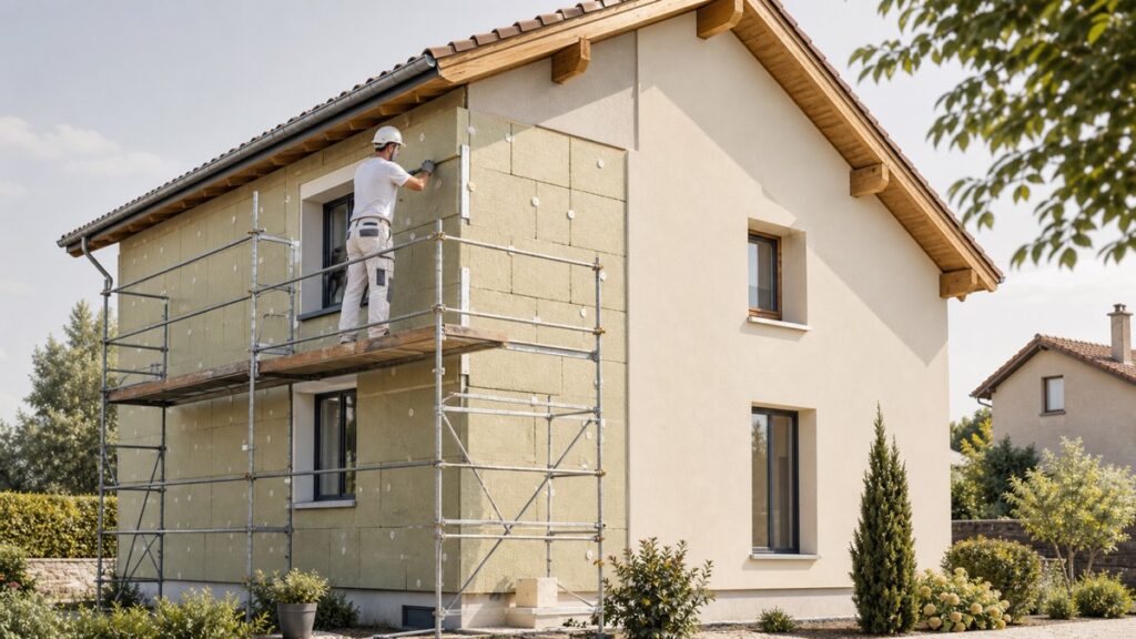 Maison française en cours d'isolation thermique par l'extérieur