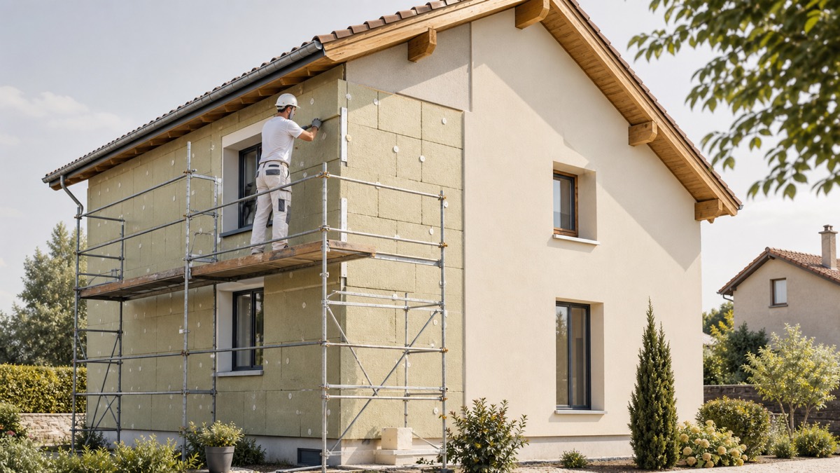 Maison française en cours d'isolation thermique par l'extérieur