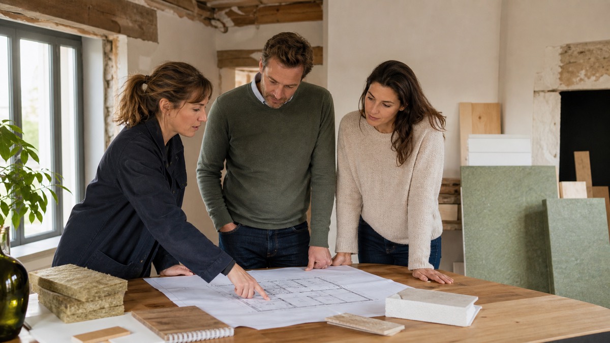 Couple consultant un plan de rénovation énergétique dans une maison en travaux