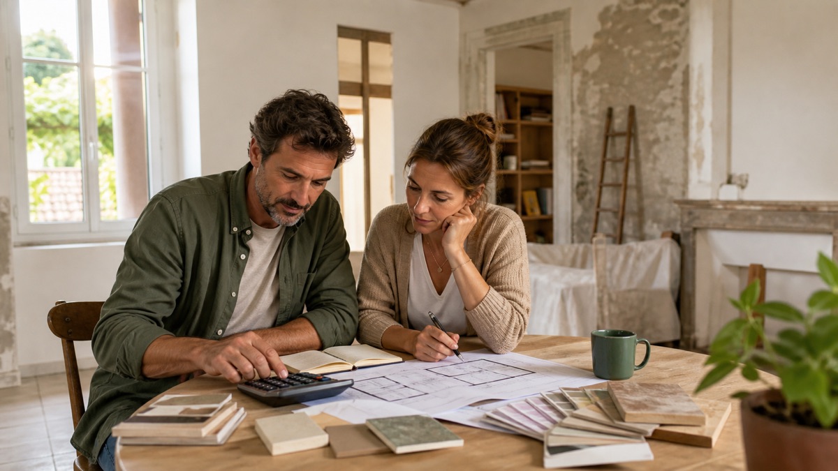 Propriétaires calculant le budget de rénovation d'une maison de 100 m²