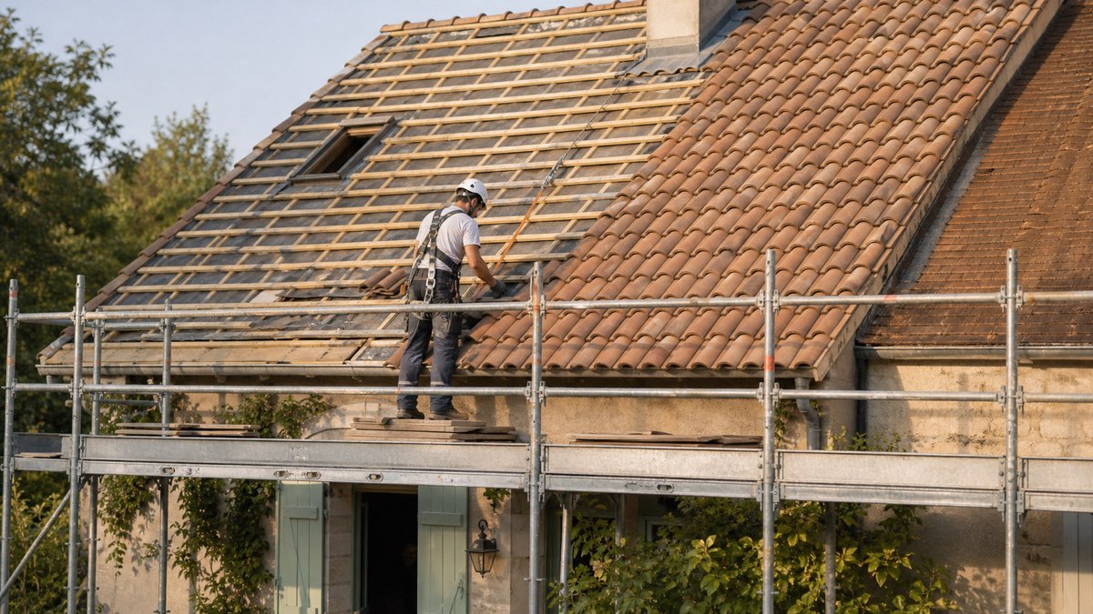 Couvreur rénovant une toiture en tuiles sur une maison française