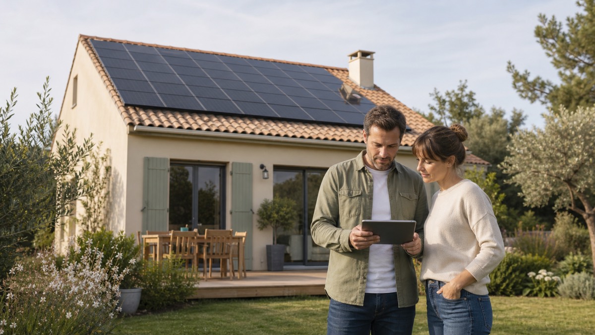 Maison équipée de panneaux solaires avec propriétaires consultant leur production