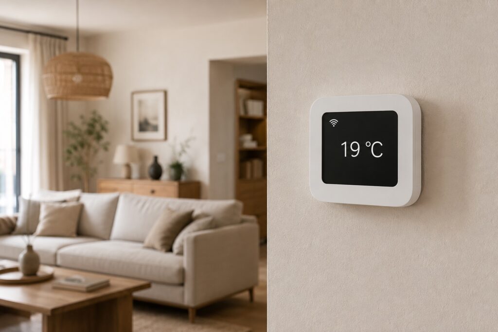 Thermostat connecté mural affichant 19 °C dans un salon.