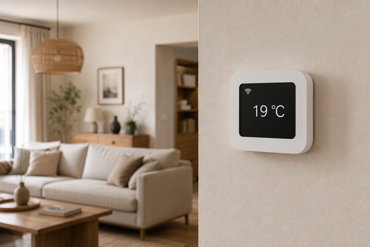 Thermostat connecté mural affichant 19 °C dans un salon.