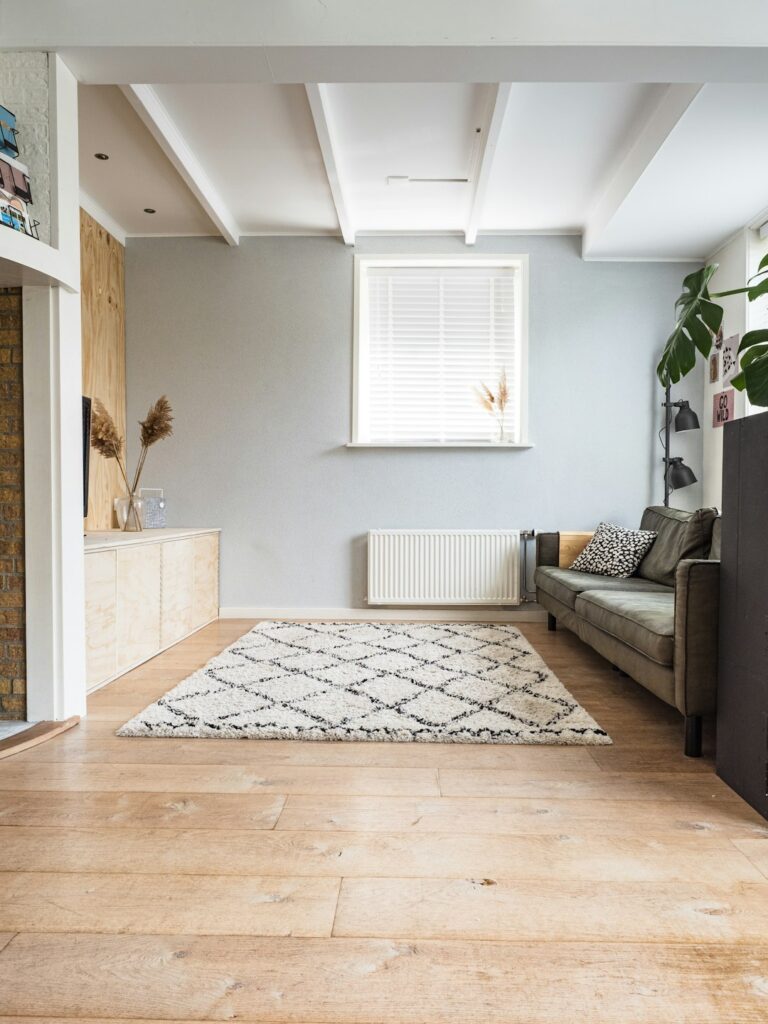 Salon lumineux avec parquet clair, canapé et radiateur sous une fenêtre.